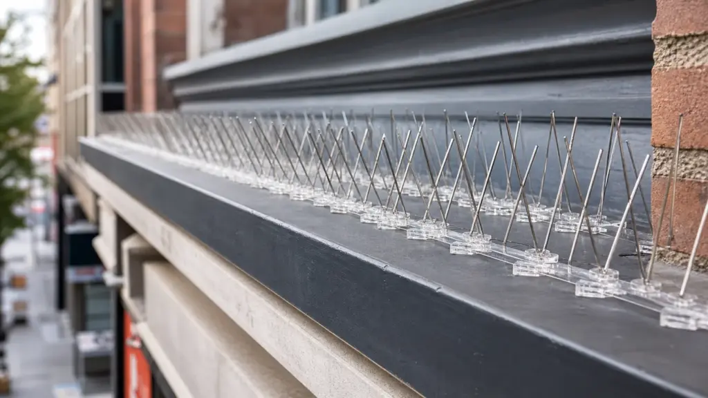 Bird spikes installed on a commercial ledge for humane pigeon control in NYC