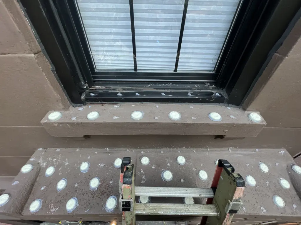 Optical bird gel installed on a NYC window ledge to discourage pigeon landing