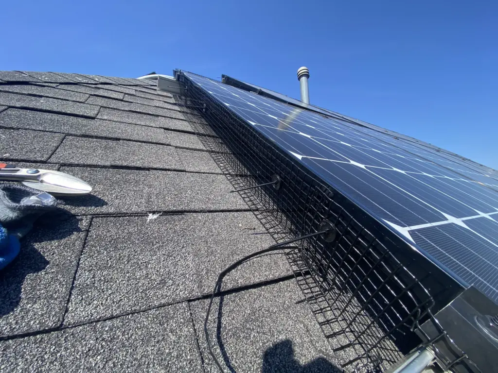 Solar panel critter guard installed along a roofline to help prevent bird nesting