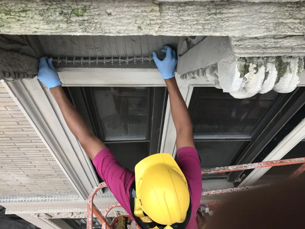 Technician installing bird spikes from a lift on a NYC facade